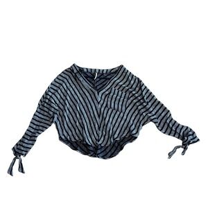 Free People Striped Blouse‎ Tie Front Long Sleeve Top Casual Black M